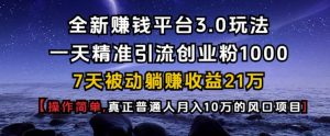 全新赚钱平台3.0玩法一天精准引流创业粉1000.7天被动躺Z收益21W【仅揭秘】-秋鱼网创