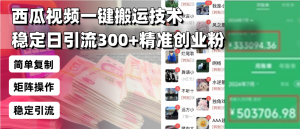 西瓜视频一键搬运技术，稳定日引流300+精准创业粉，简单可复制给团队，...-秋鱼网创