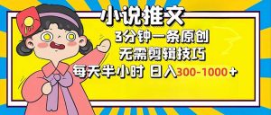 小说推文6.0，简单无脑，3分钟一个原创作品，每天半小时，日入300-1000...-秋鱼网创