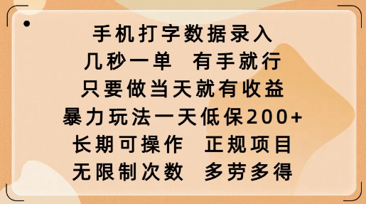 手机打字数据录入,几秒一单,有手就行,只要做当天就有收益,暴力玩法一天低保2张-秋鱼网创