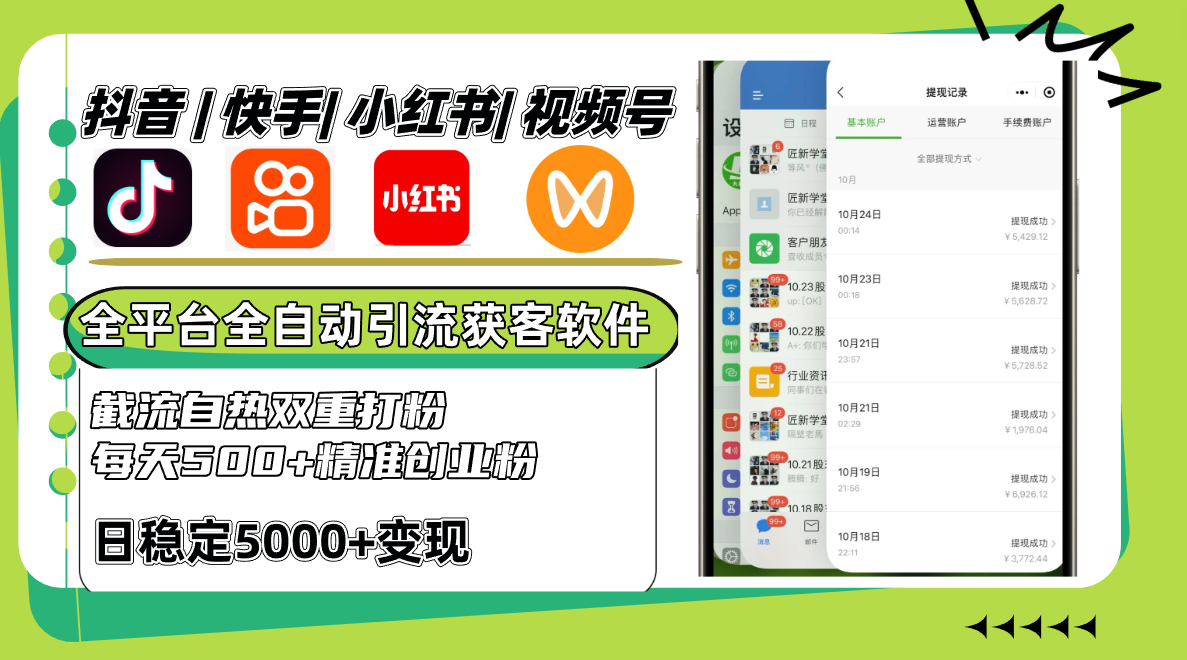 抖音快手小红书视频号全平台全自动引流获客系统，截流自热双重打粉，每天500+精准粉-秋鱼网创