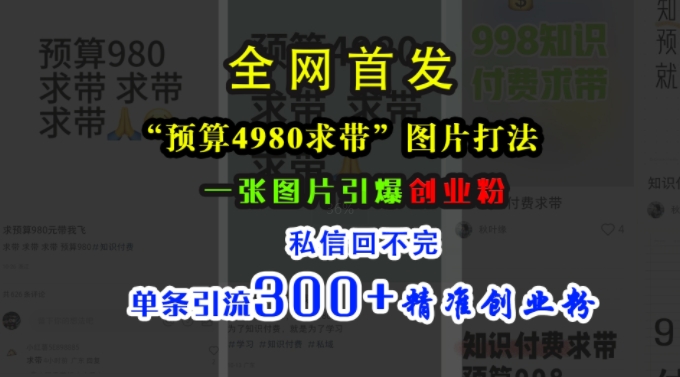 小红书“预算4980带我飞”图片打法，一张图片引爆创业粉，私信回不完，单条引流300+精准创业粉-秋鱼网创